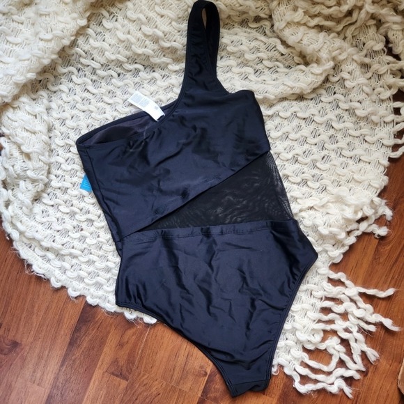 NWT Black Cupshe Forest Adventure One Shoulder Mesh One Piece Swimsuit Medium - Picture 4 of 7